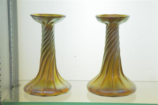 Appraisal: PAIR OF TIFFANY ART GLASS CANDLESTICKS Near identical pair of