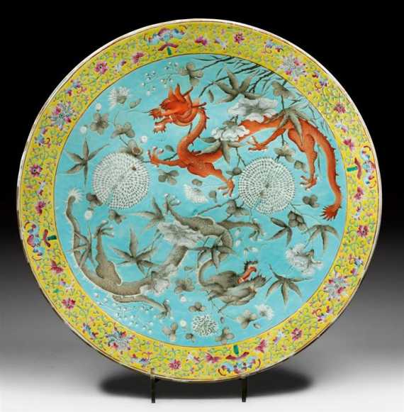 Appraisal: CHARGER WITH DRAGON DESIGN ON LIGHT BLUE GROUND China Republic