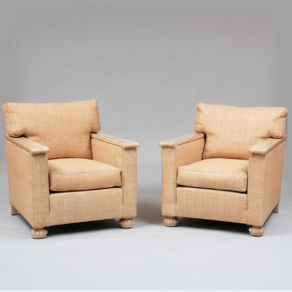 Appraisal: Pair of Art Deco Style Limed Oak and Raffia Upholstered