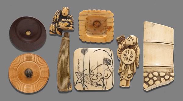 Appraisal: A selection of seven ivory and stag antler netsuke and