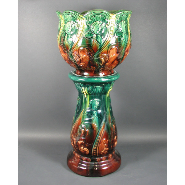 Appraisal: McCoy Iris Blended Glaze Jardiniere Pedestal McCoy Iris blended glaze