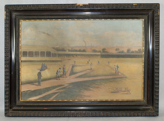 Appraisal: Early th c baseball game oil on cardboard depicting a