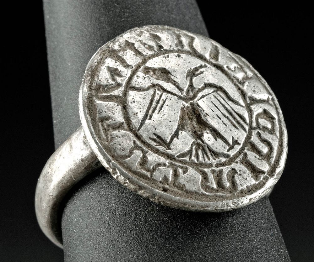 Appraisal: Roman Byzantine Silver Signet Ring w Double Eagle Late Roman