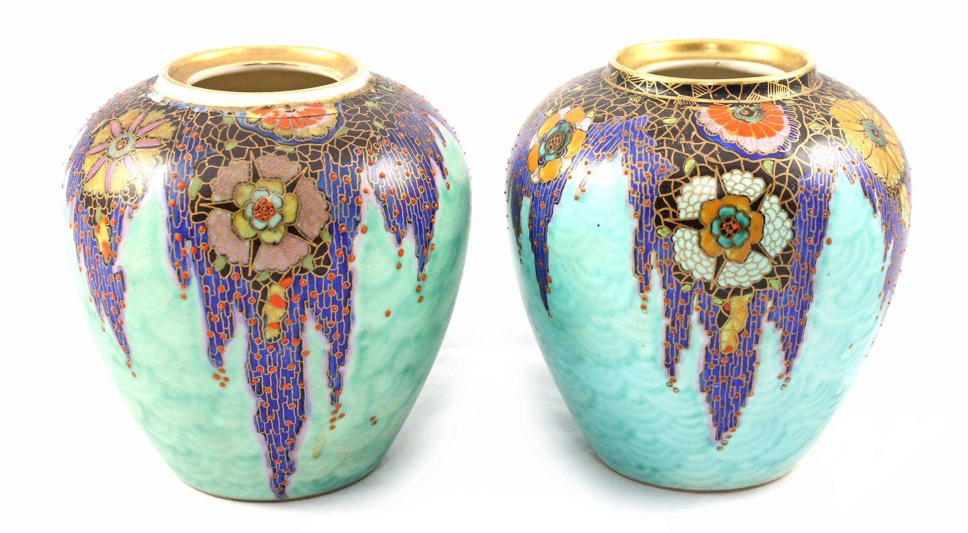 Appraisal: A pair of Crown Devon vases decorated in the 'Mattajade'