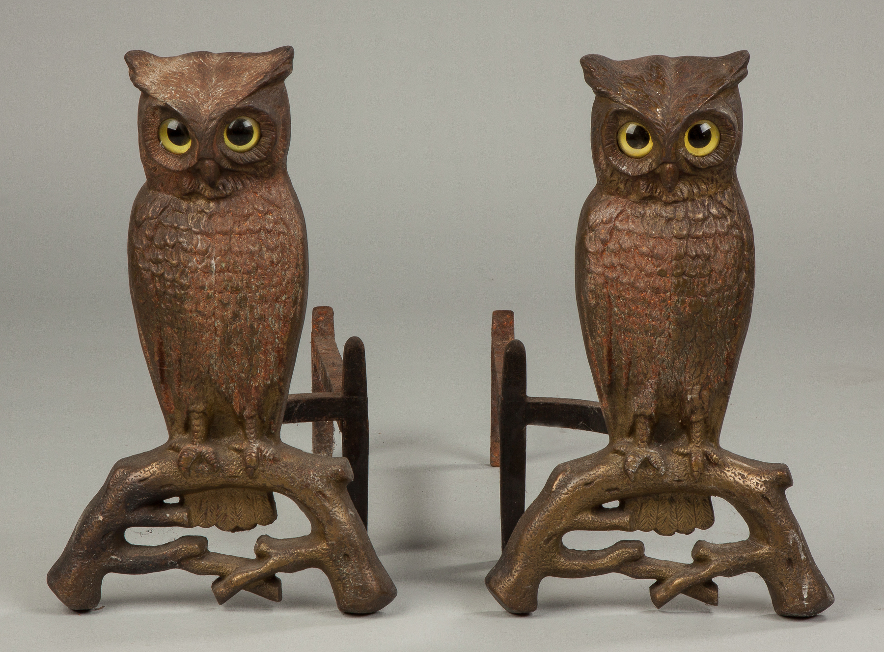 Appraisal: Pair of Cast Iron Owl Andirons Early th cent Probably