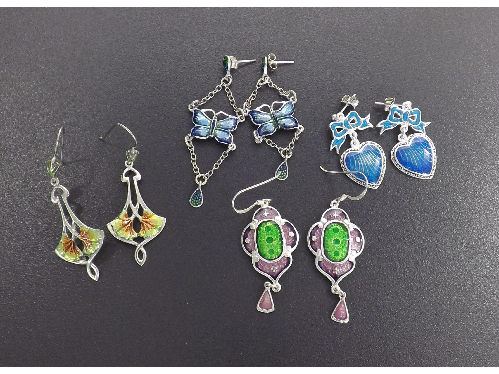 Appraisal: Four Art Nouveau style pairs of silver enamel earrings modern