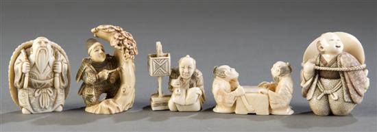 Appraisal: Group of figural ivory bone polychrome netsukes th century Two