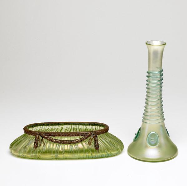 Appraisal: BOHEMIAN GLASS Two vessels of green lustered glass one an