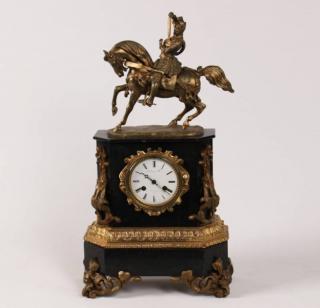 Appraisal: FRENCH DORE BRONZE AND BLACK MARBLE CLOCK HAVING KNIGHT ON