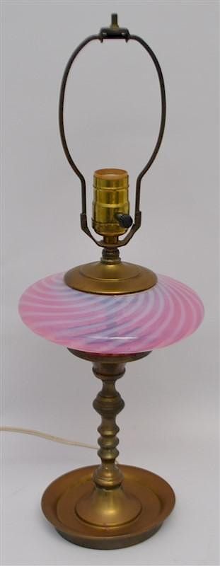 Appraisal: EARLY FENTON CRANBERRY OPALESCENT BRASS LAMP We are very pleased