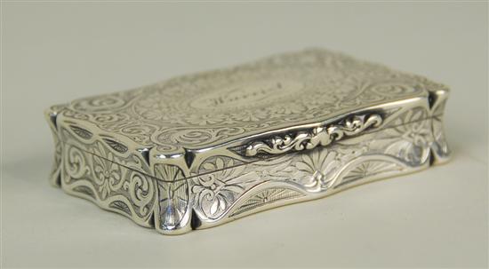 Appraisal: VICTORIAN SILVER SNUFF BOX Birmingham Edward Smith maker length inches