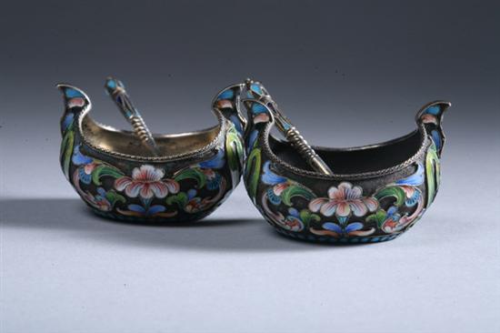 Appraisal: PAIR RUSSIAN ENAMELLED OPEN SALTS AND SPOONS M F Sokolov