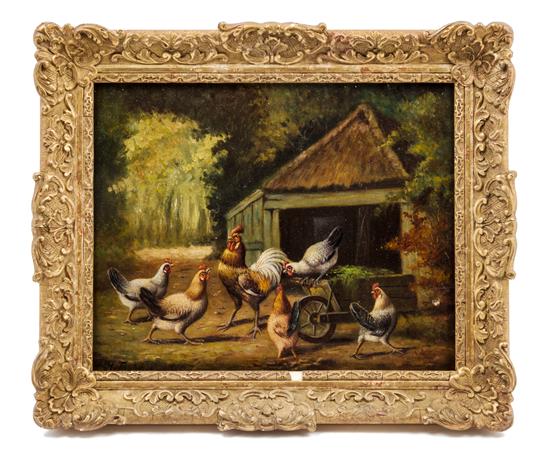 Appraisal: Sale Lot Artist Unknown th th Century Six Roosters oil