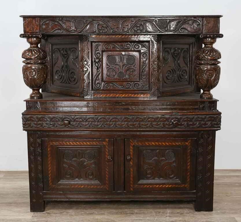 Appraisal: Ornately carved Jacobean Revival server Late th century Mahogany two