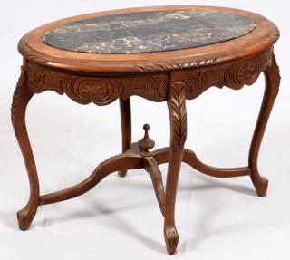 Appraisal: CARVED OAK AND MARBLE TOP SIDE TABLE CARVED OAK AND