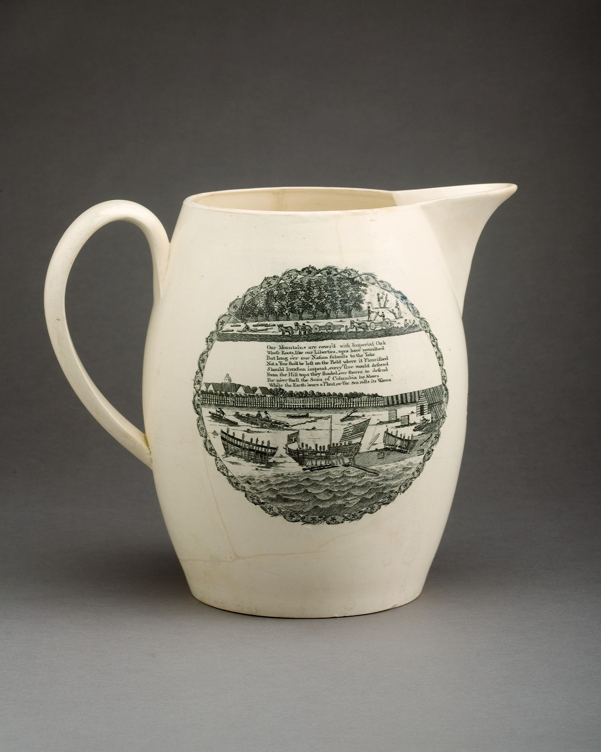 Appraisal: ENGLISH CREAMWARE BLACK TRANSFER-PRINTED JUG PROBABLY HERCULANEUM POTTERY LIVERPOOL CIRCA