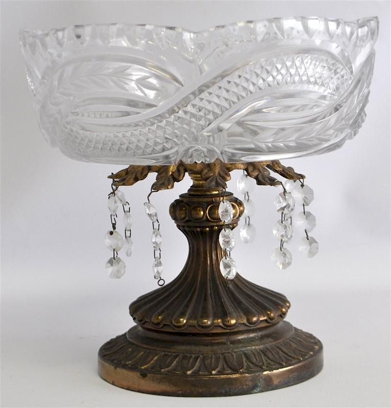 Appraisal: CUT ETCHED CRYSTAL BRASS COMPOTE Pre World War I molded