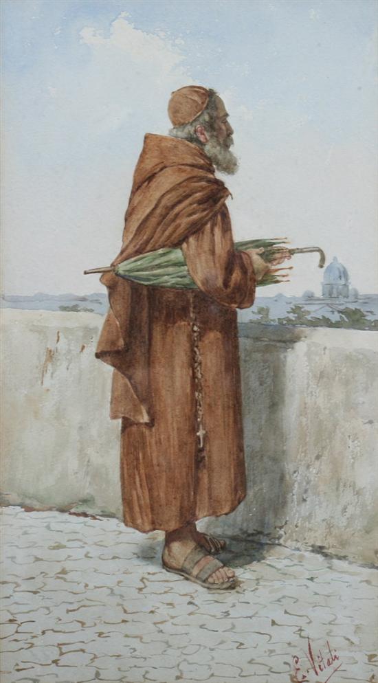 Appraisal: EDOUARD VITALI Italian th century MONK WITH UMBRELLA ON ROOFTOP