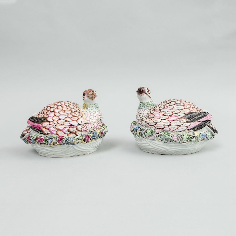 Appraisal: Pair of English Porcelain Quail Boxes and Covers Unmarked possibly