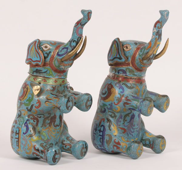 Appraisal: Asian pair cloisonne reticulated figural elephant jars H x long