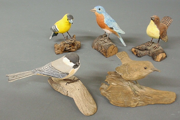 Appraisal: - Five carved birds incl a chickadee signed P Hansell