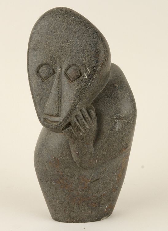 Appraisal: ABSTRACT CARVED STONE FIGURE INCISED M JAMBA An abstract carved