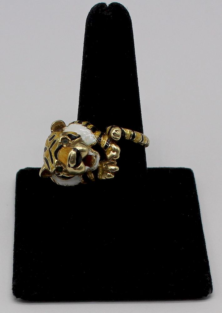 Appraisal: JEWELRY Martine kt Gold and Enamel Tiger Ring Signed Martine