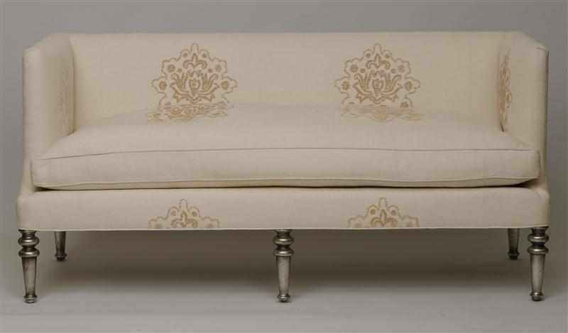 Appraisal: MODERN SILVER-GILT AND EMBROIDERED LINEN SOFA With a tall back