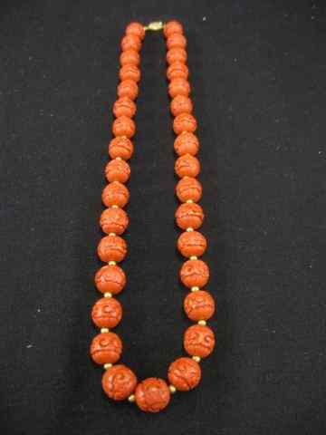 Appraisal: Carved Cinnabar Bead Necklace Chinese beads '' long silver filigree