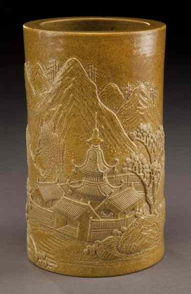 Appraisal: Chinese porcelain brush pot depicting landscapes marked ''Wang Bing Rong