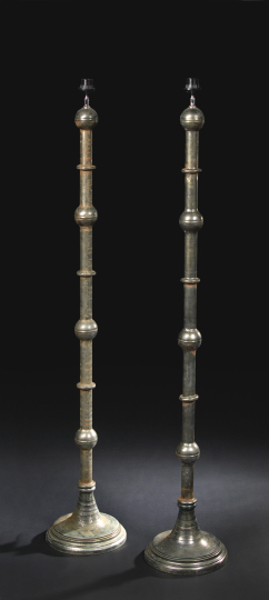 Appraisal: Pair of Spanish-Style Silvered Metal Floor Lamps early th century