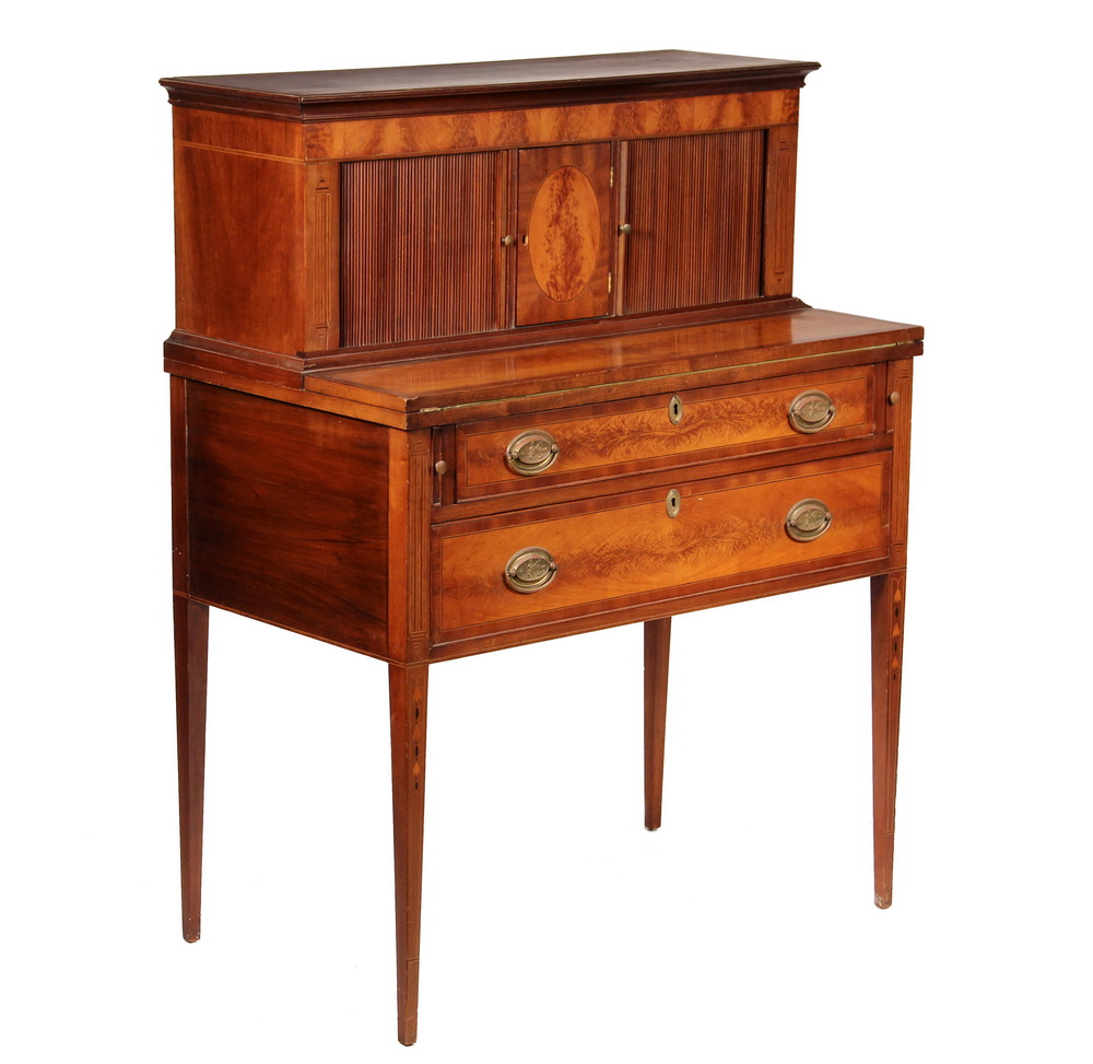 Appraisal: TWO-PART HEPPLEWHITE TAMBOUR DESK - Step-Back String Inlaid Desk upper