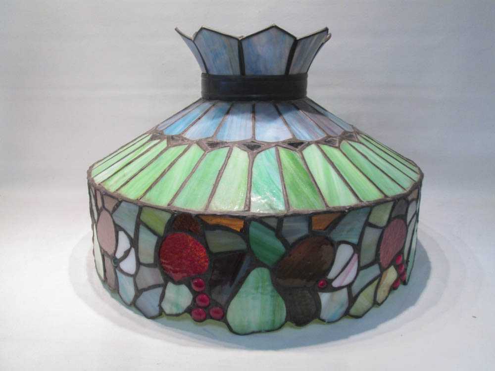 Appraisal: STAINED GLASS HANGING LAMP SHADE FIXTURE The conical stained glass