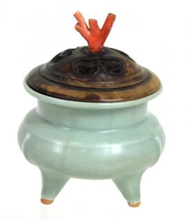 Appraisal: Chinese Coral Glazed Celadon Censer Chinese Coral Glazed Celadon Censer