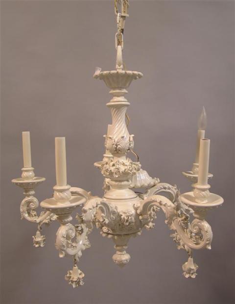 Appraisal: ITALIAN WHITE CERAMIC CHANDELIER Five lights unassembled at time of