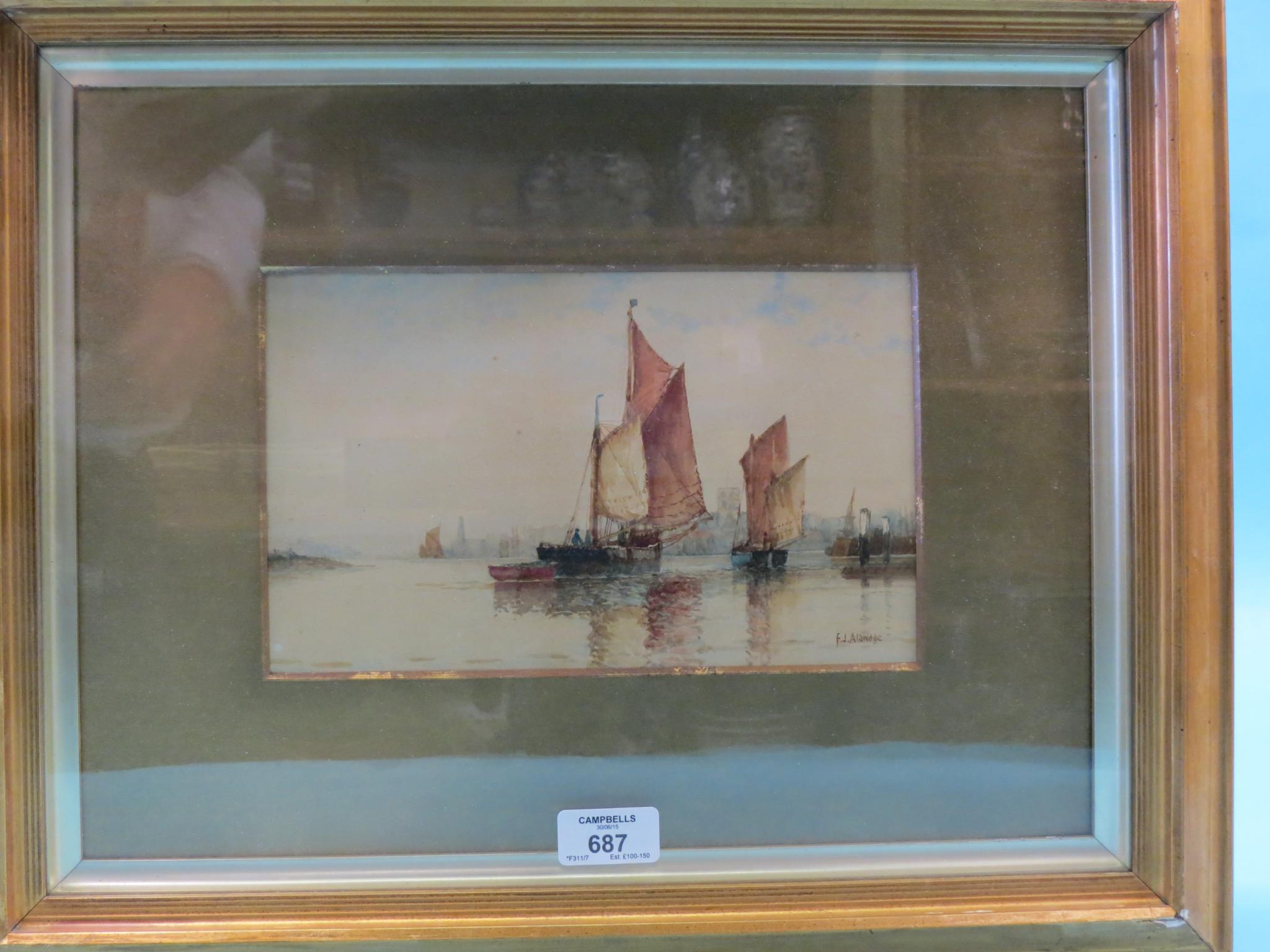 Appraisal: F J Aldridge - watercolour sailing vessels on calm waters