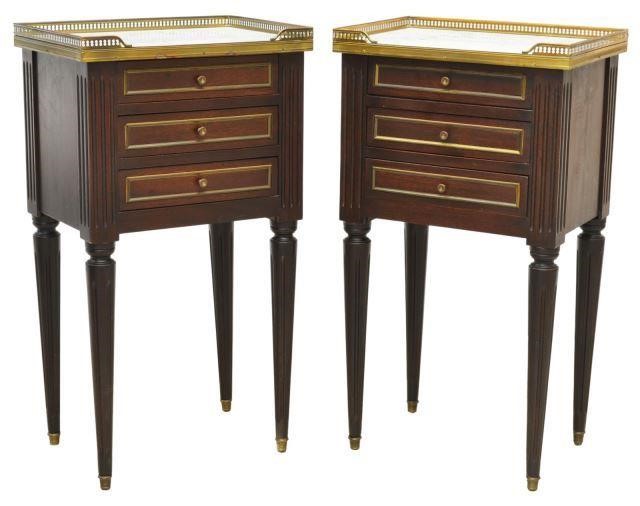 Appraisal: pair French Louis XVI style marble-top mahogany nightstands early th