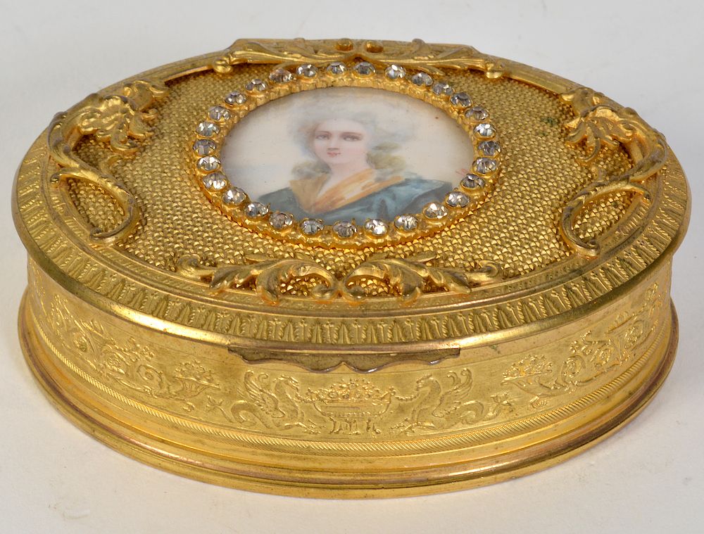 Appraisal: Gilt Bronze Ormolu Box with Mini Portrait Oval trinket box