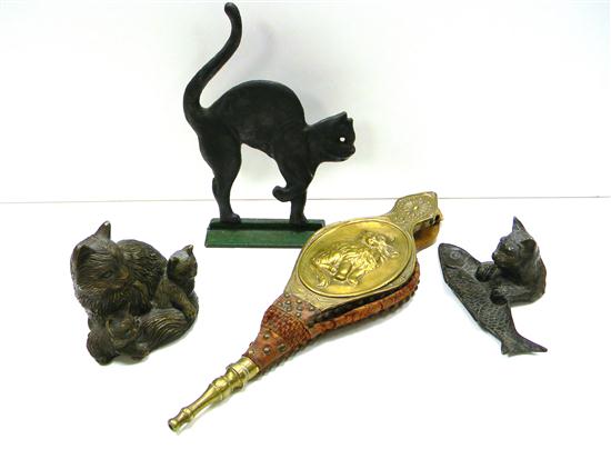 Appraisal: Collection of cat motif objects including bellows with brass repousse