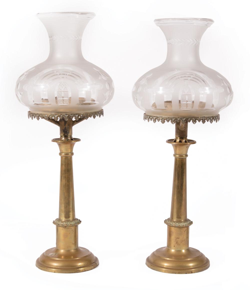 Appraisal: Pair of Miniature American Brass Sinumbra Lamps th c Gothic