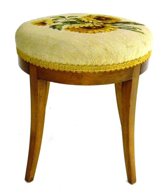 Appraisal: Needlepoint stool with fruitwood base and saber legs polychrome sunflower