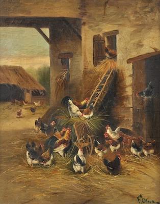 Appraisal: F Oliva Italian th Century Barnyard with chickens Oil on