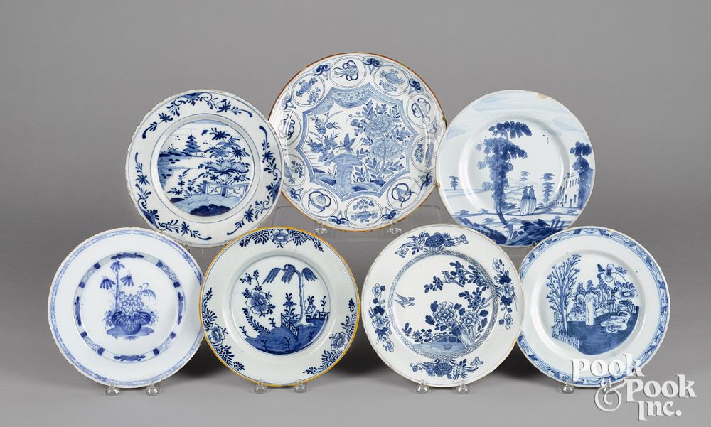 Appraisal: Seven Delft blue and white plates th c Seven Delft