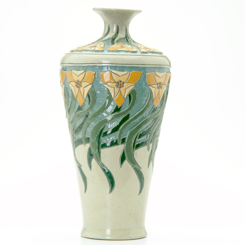 Appraisal: ROSEVILLE DELLA ROBBIA Baluster vase excised with stylized jonquils in