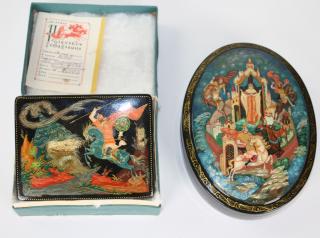 Appraisal: Russian palekh lacquered boxes- Ruslan the Head from Pushkin signed