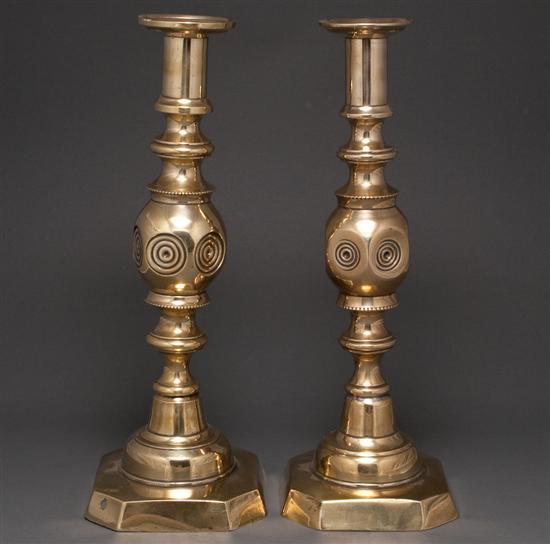 Appraisal: Pair of Victorian turned and etched brass candlesticks second half-