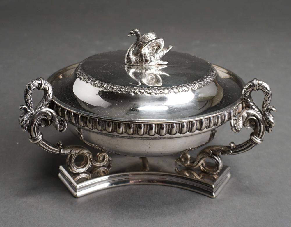 Appraisal: French Empire Silverplate Swan Butter Dish H in cm