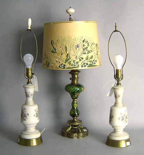 Appraisal: Pair satin glass table lamps together with an enameled glass