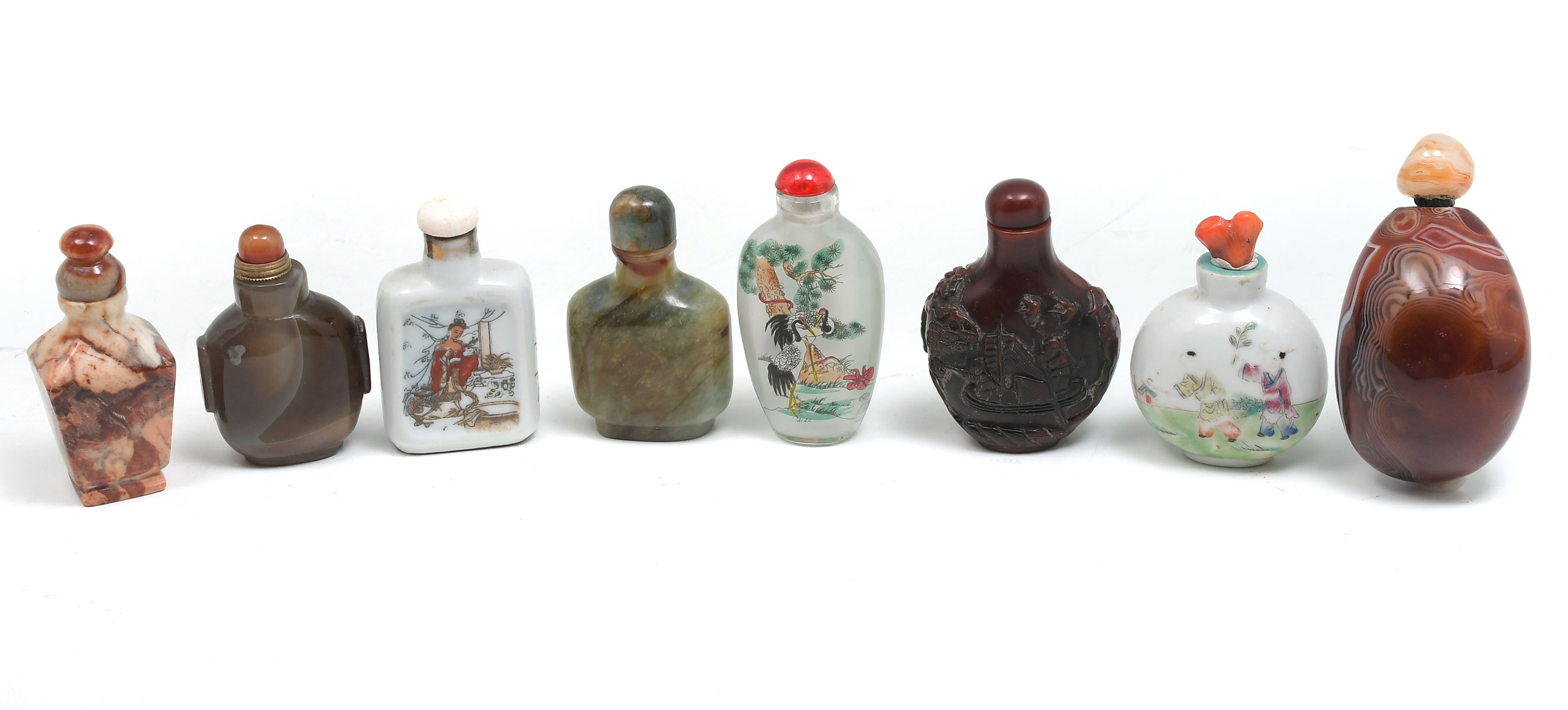 Appraisal: PC CHINESE SNUFF BOTTLES Comprised of carved Agate Porcelain reverse