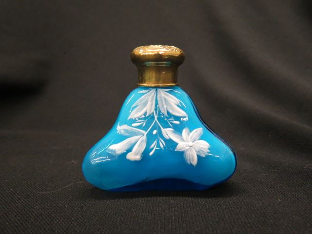 Appraisal: Victorian Blue Art Glass Perfume Bottle white floral triangular brass